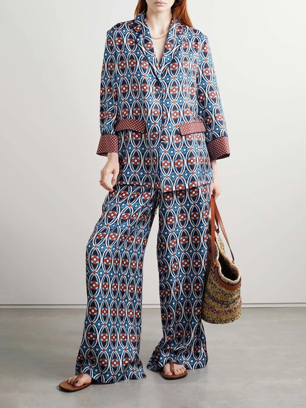 CARA CARA Venezia Printed Silk-Twill Shirt & Amalfi Wide Leg Pants BLUE